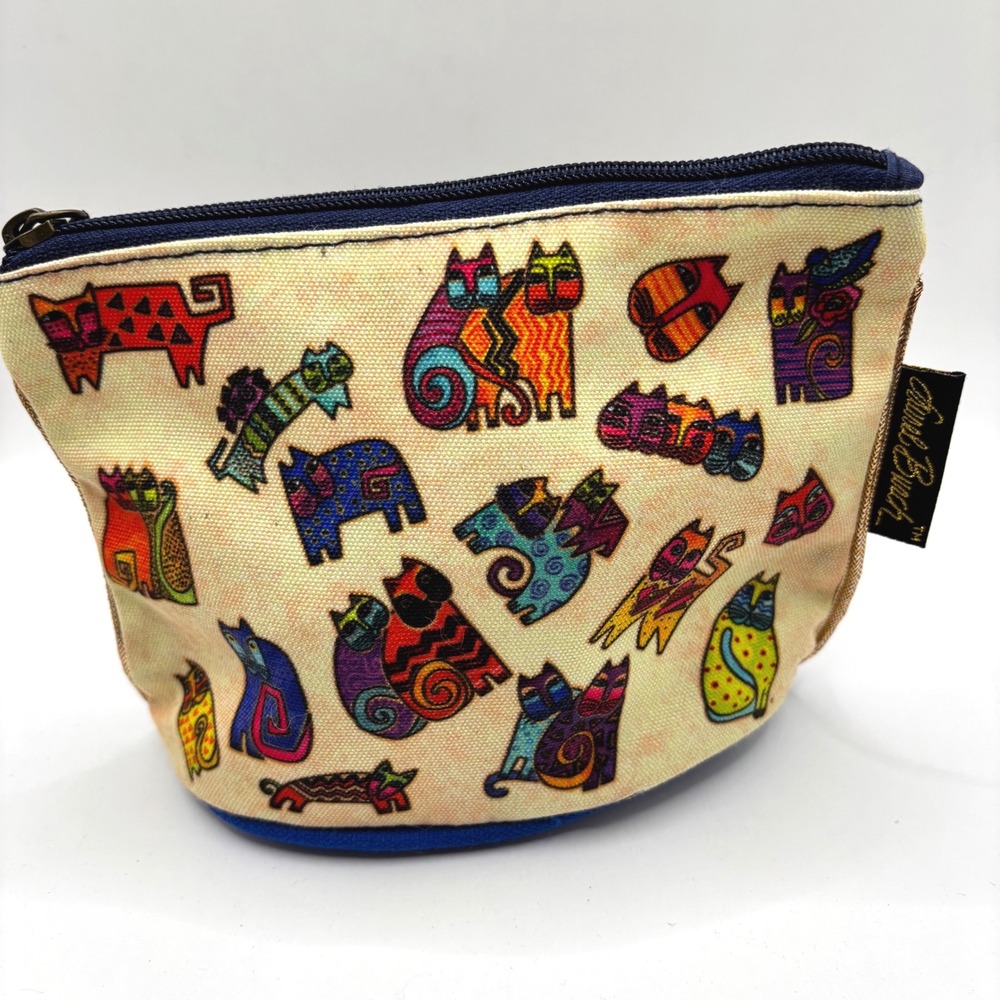 Laurel Burch Artistic Cat Canvas Cosmetic Bag Gold Chevron Zipper Pouch P1016